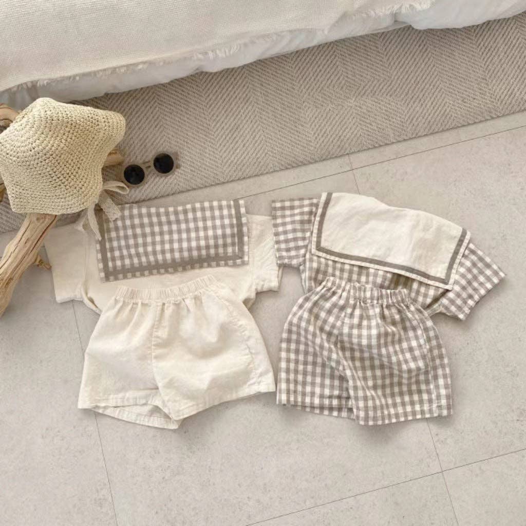 Summer Baby Kids Unisex Plaid Casual Navy Collar T-Shirt And Shorts Clothing Set: Beige / 73 (6-9M)