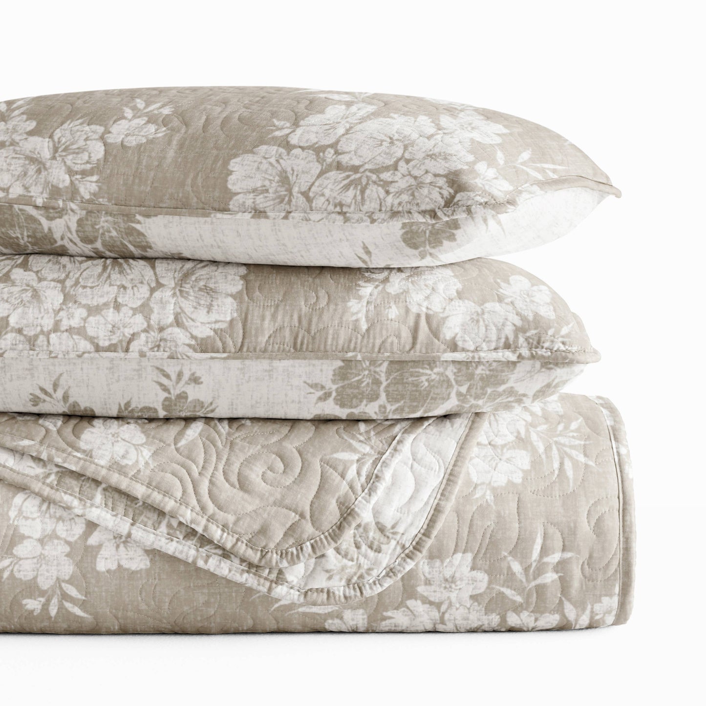 Distressed Bouquet All Season Patterned Reversible Quilt Set: Taupe / Full/Queen