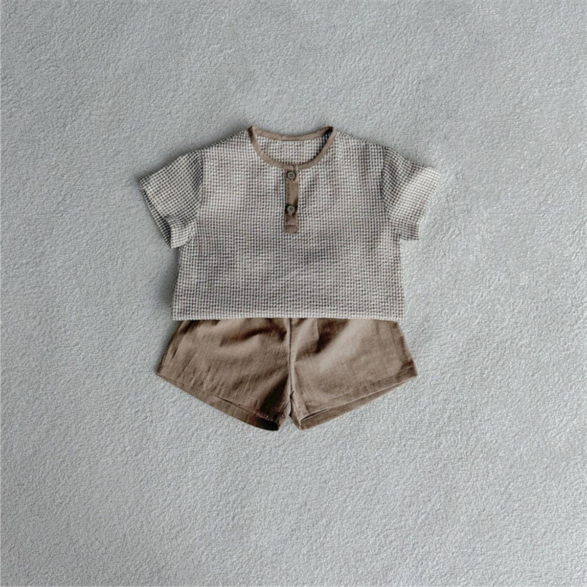 Summer Hot Selling Baby Kids Unisex Short Sleeves Plaid Pattern Shirt and Plain Shorts Clothing Set: Brown / 90 (12-24M)