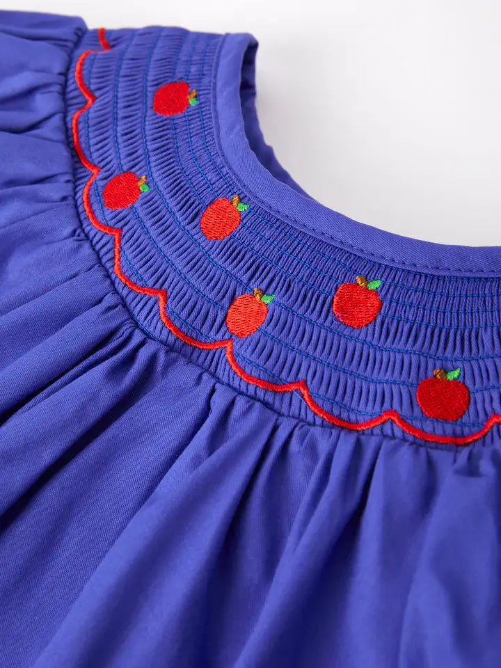 Back To School Apple Embroidery Blue Girls Dress: 4
