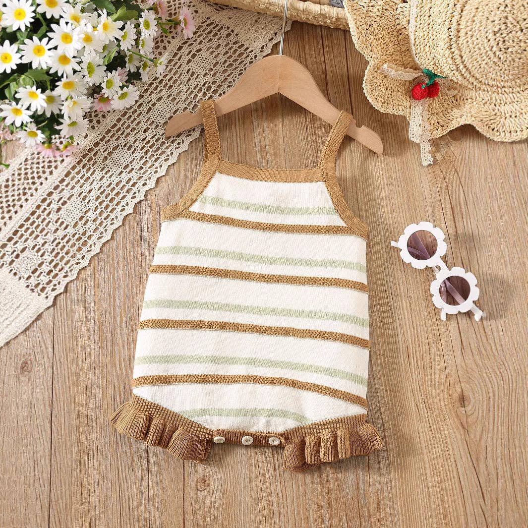 Summer Arrival Baby Girls Cute Thin Striped Pattern Sleeveless Strap bodysuit: Pink / 90 (12-24M)