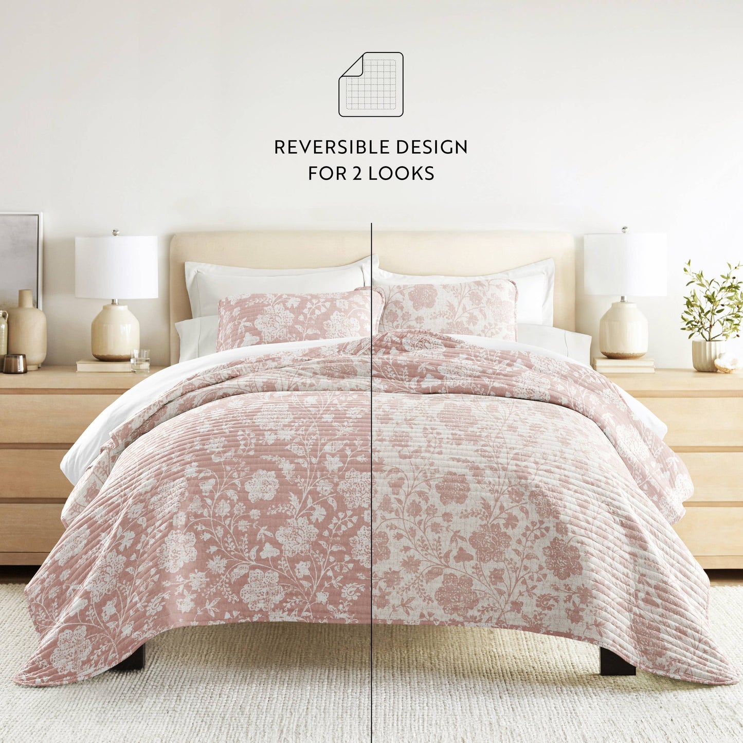 Textured Floral All Season Patterned Reversible Quilt Set: Eucalyptus / King/Cal-King