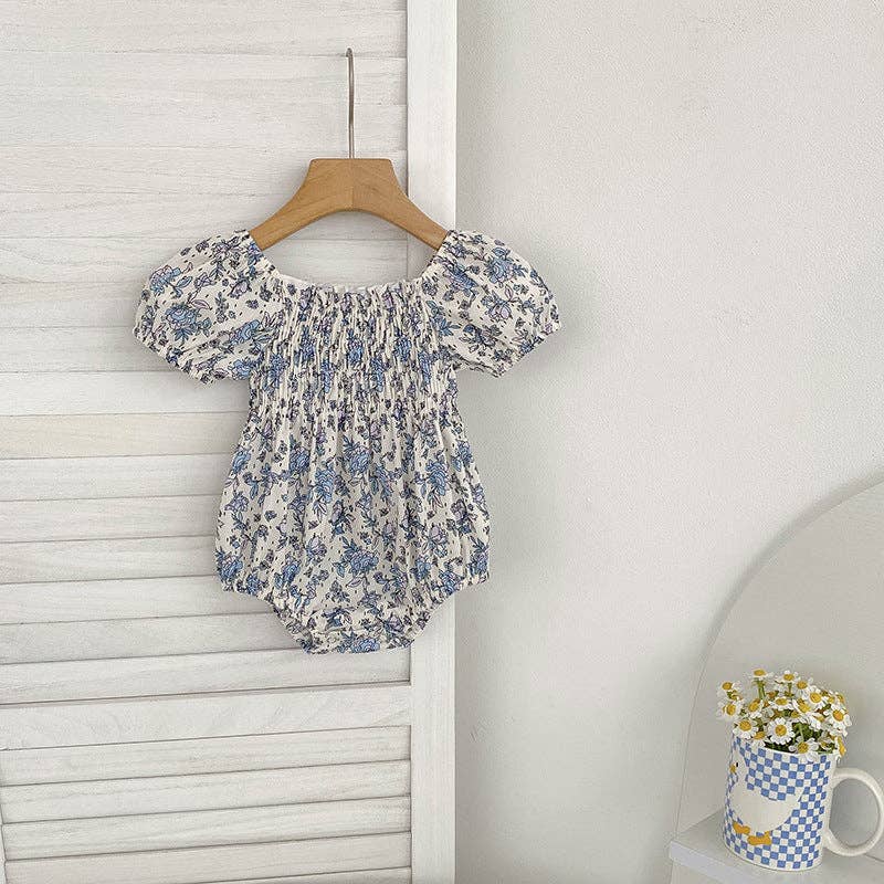 Summer Baby Girls French-style Flowers Pattern Short-sleeved bodysuit and Dress – Princess Sister Matching: Blue / 90 (12-24M)