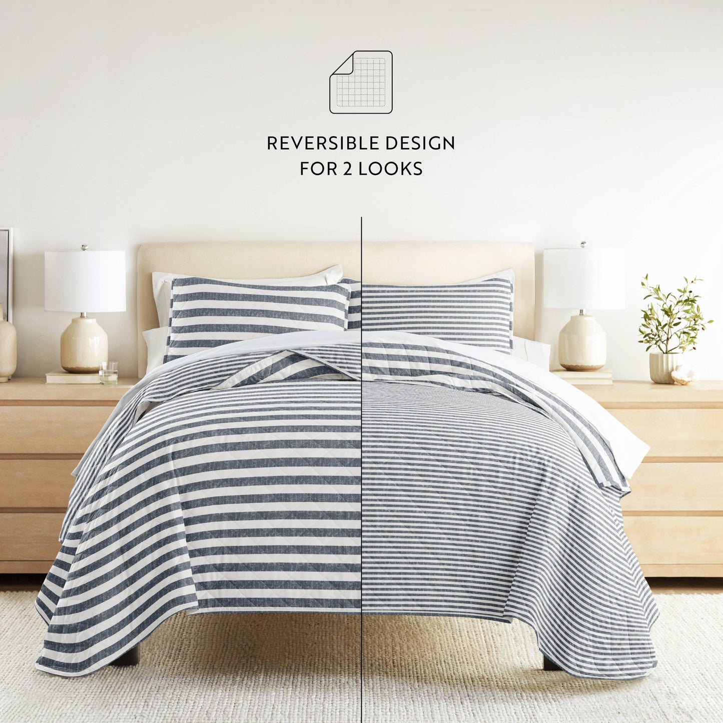 Classic Stripe All Season Patterned Reversible Quilt Set: Natural / King/Cal-King