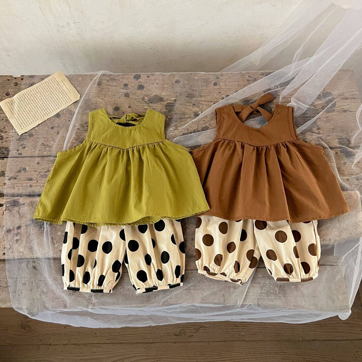 Summer Arrival Baby Girls Sleeveless Crew Neck Solid Color Top And Polka Dot Shorts Clothing Set: Green / 90 (12-24M)