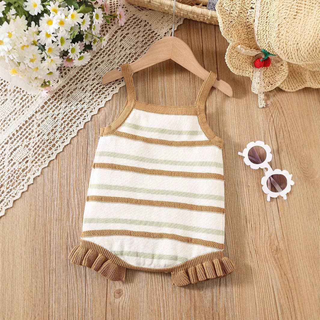 Summer Arrival Baby Girls Cute Thin Striped Pattern Sleeveless Strap bodysuit: Brown / 100 (2-3Y)