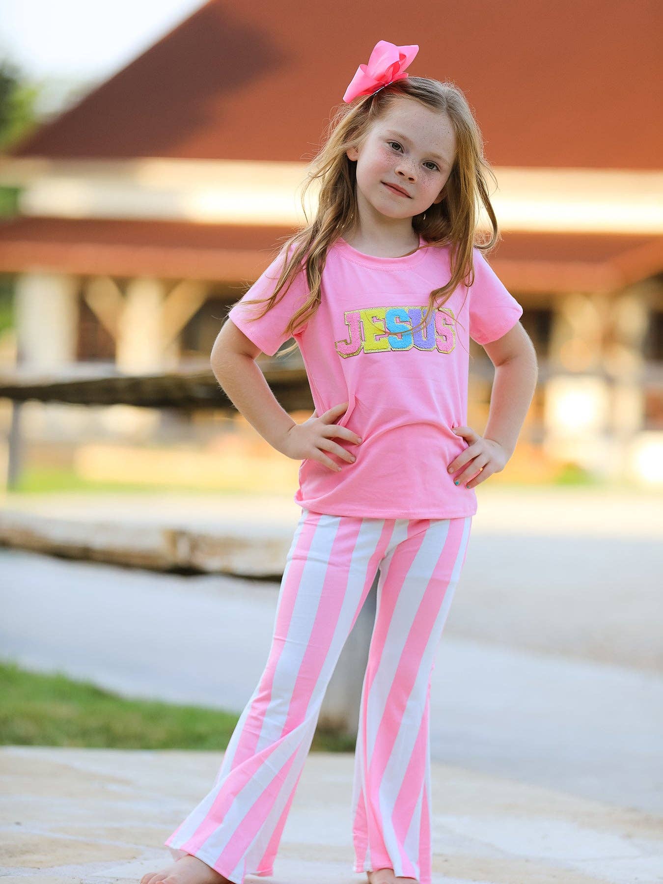 "JESUS"Girls' Applique Striped Trousers Set: 3